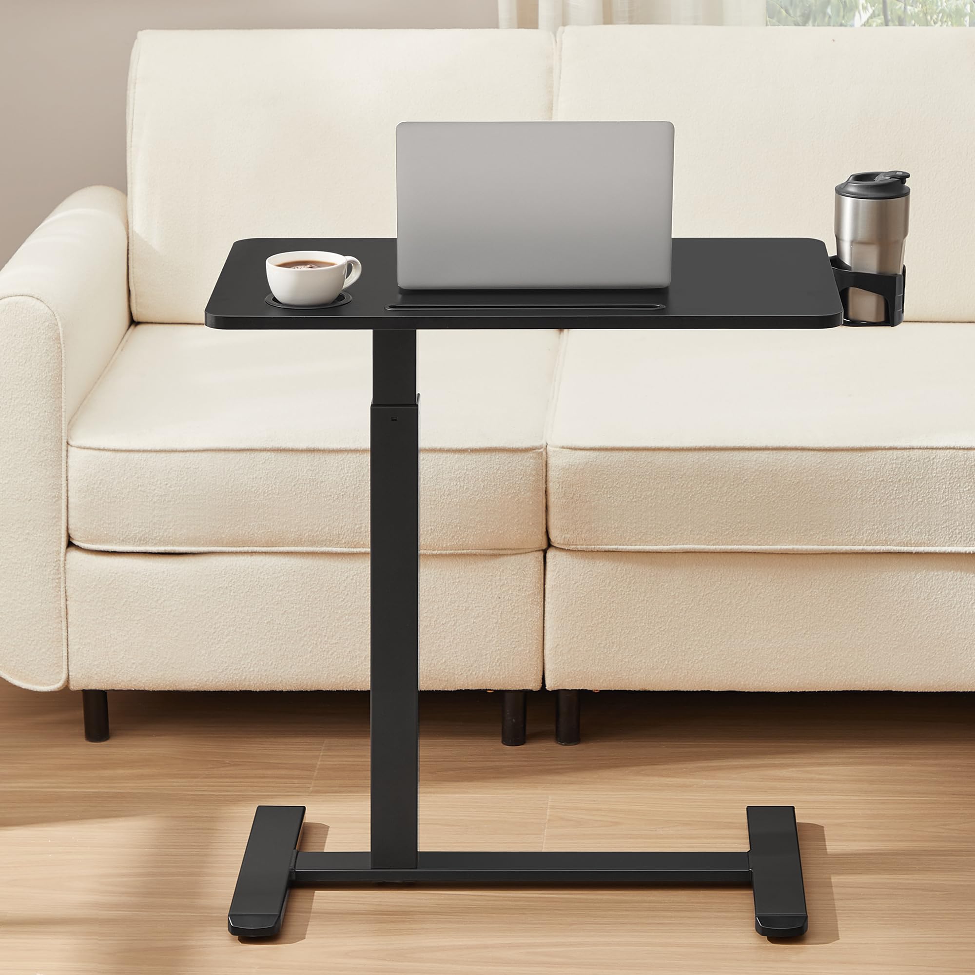 VASAGLE Side Table with Wheels, Mobile Bar Table, 70 x 40 cm Table Top, Adjustable Height, 2 Cup Holders, Slot for Mobile Phone or Tablet, Ink Black LSD600B01 โ image 1