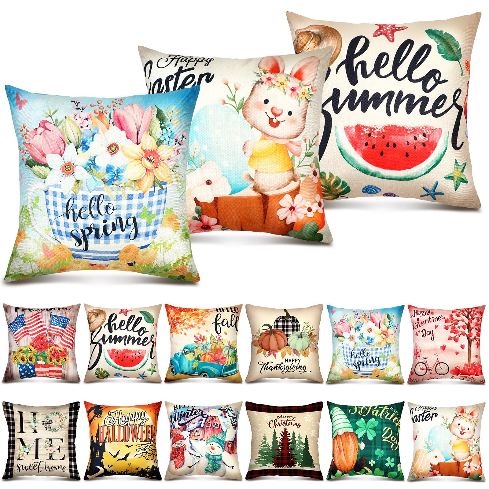 Newwiee 12 Sets Holiday Pillow Covers 18 x 18 Inch Easter Spring Seasonal Throw Pillow Covers Square Canvas Pillowcase for Spring Summer Home Office