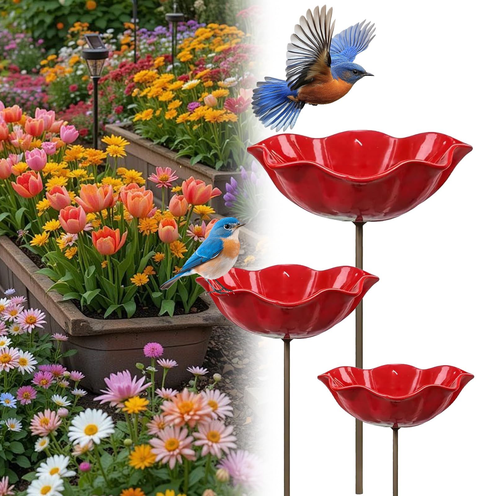 Handmade Metal Flower Garden Stake, Flower-Shaped Bee Watering Station for Garden, Dual-Function Metal Flowers Bird Bath & Pollinator Water Station, for Yard Lawn Patio Landscape Decor (Red,3PCS)