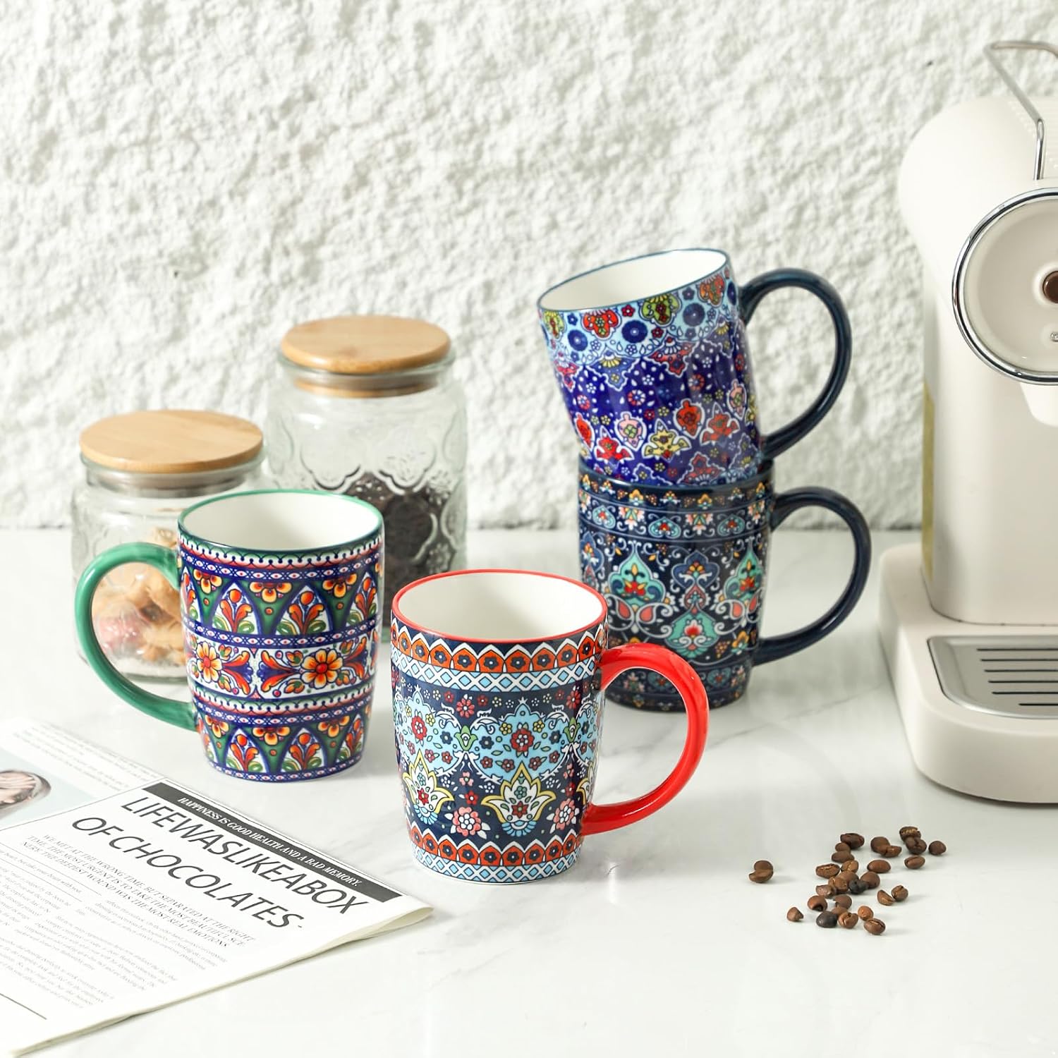 HASENSE Coffee Mugs, 15 OZ Coffee Cups Ceramic Set of 4 with Handle and Bohemian Style for Man Woman, Vintage Stoneware Porcelain Coffee Cups Set for Tea, Cocoa, Milk, Latte and Cappuccino - Multi