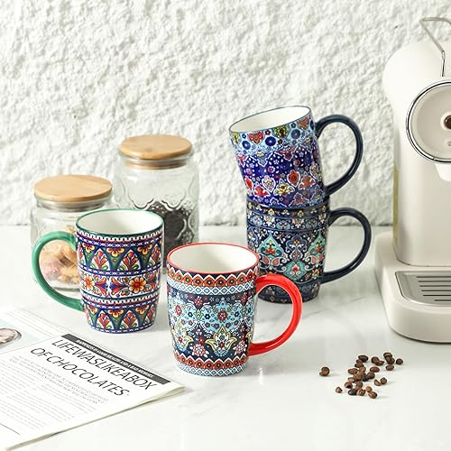 Miniatura 6 de HASENSE Tazas de café, tazas de café de cerámica de 15 onzas, juego de 4 con asa y estilo bohemio para hombre y mujer, juego de tazas de café de
