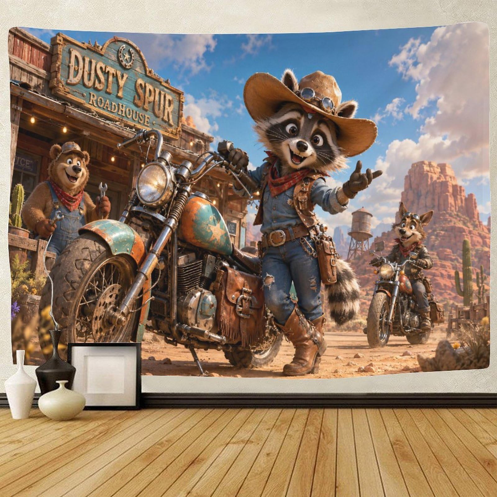 GPMNBCXZK Western Raccoon Cowboy Wall Art Decor 3D Print Tapestry Wall Hanging Decor Tapestries Home Decoration Curtain Bedroom Dorm 130cmx150cm