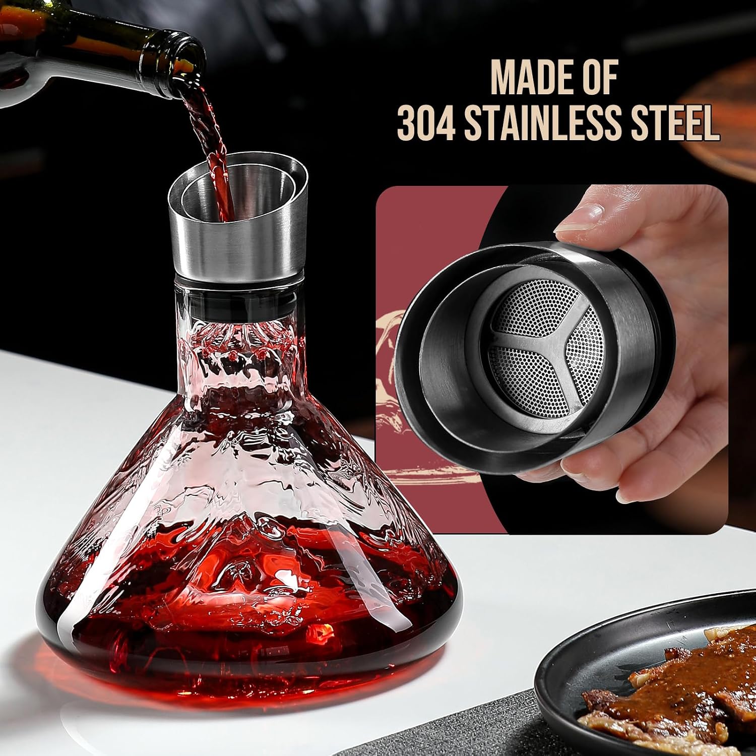Iceberg Wine Decanter,Red Wine Carafe with Built-in-Aerator,Wine Aerator,Wine Gifts for Christmas,Stainless Steel Pourer Lid,Filter,100% Hand Blown Lead-free Crystal Glass