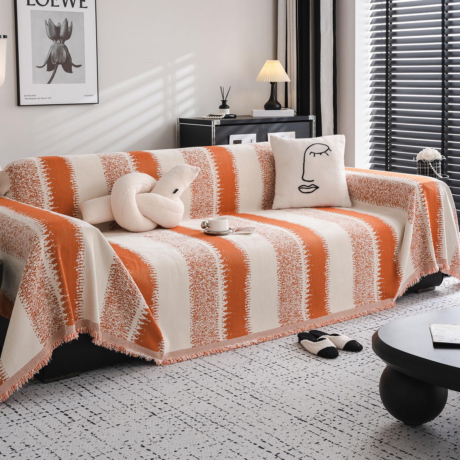 DREAMINGO Orange Couch Cover Pet Furniture Protector Sofa Slipcover for Dogs Washable Chenille Throw Couch Cover Stripe Jacquard Cream Beige Couch Covers for Sectional 3 Cushion Couch Sofa, 71"x134" โ image 1