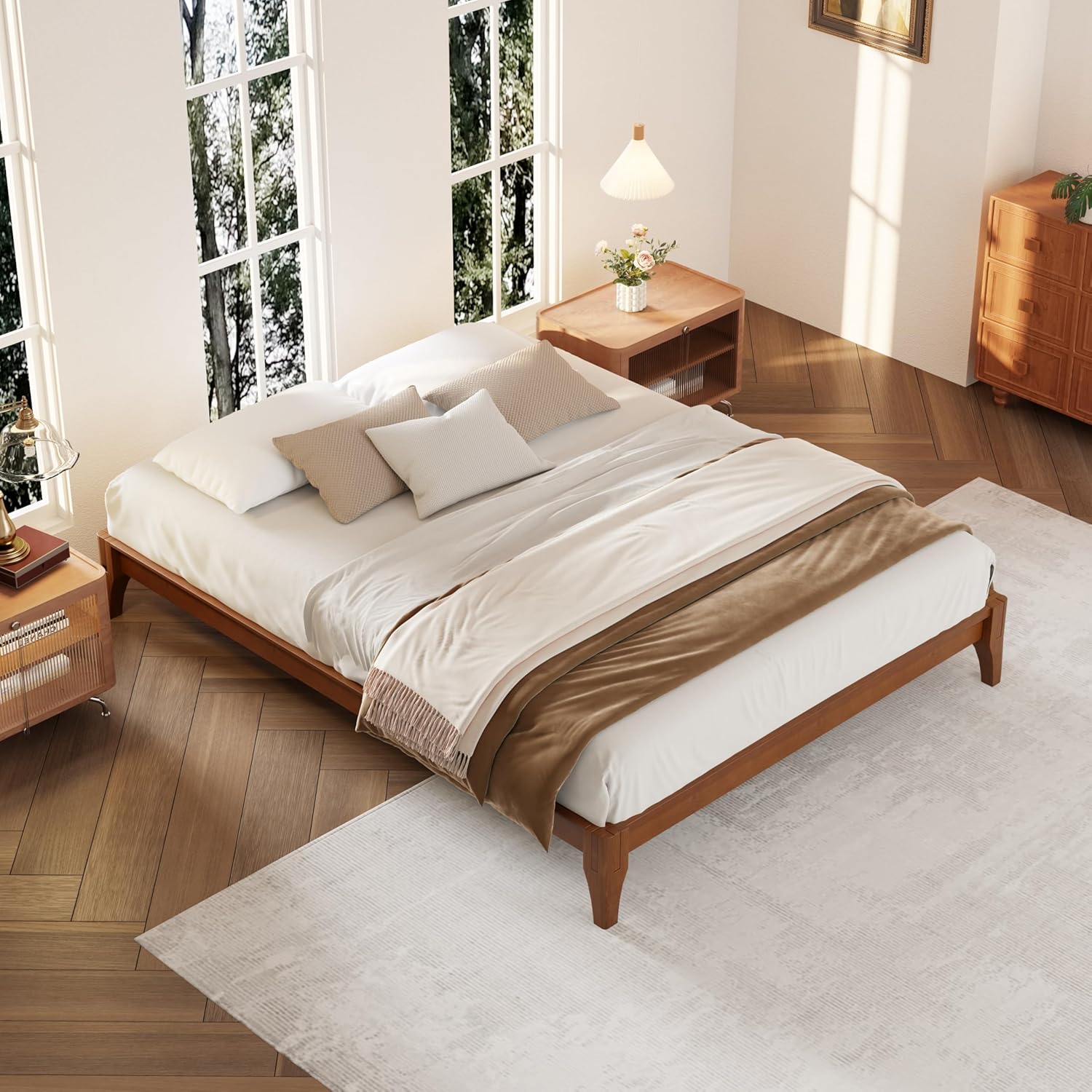 Queen Size Platform Bed, Solid Dry Bamboo Wood Bed Frame for Bedroom, Wood Slat Support, No Box Spring Needed, Easy Assembly (Brown)