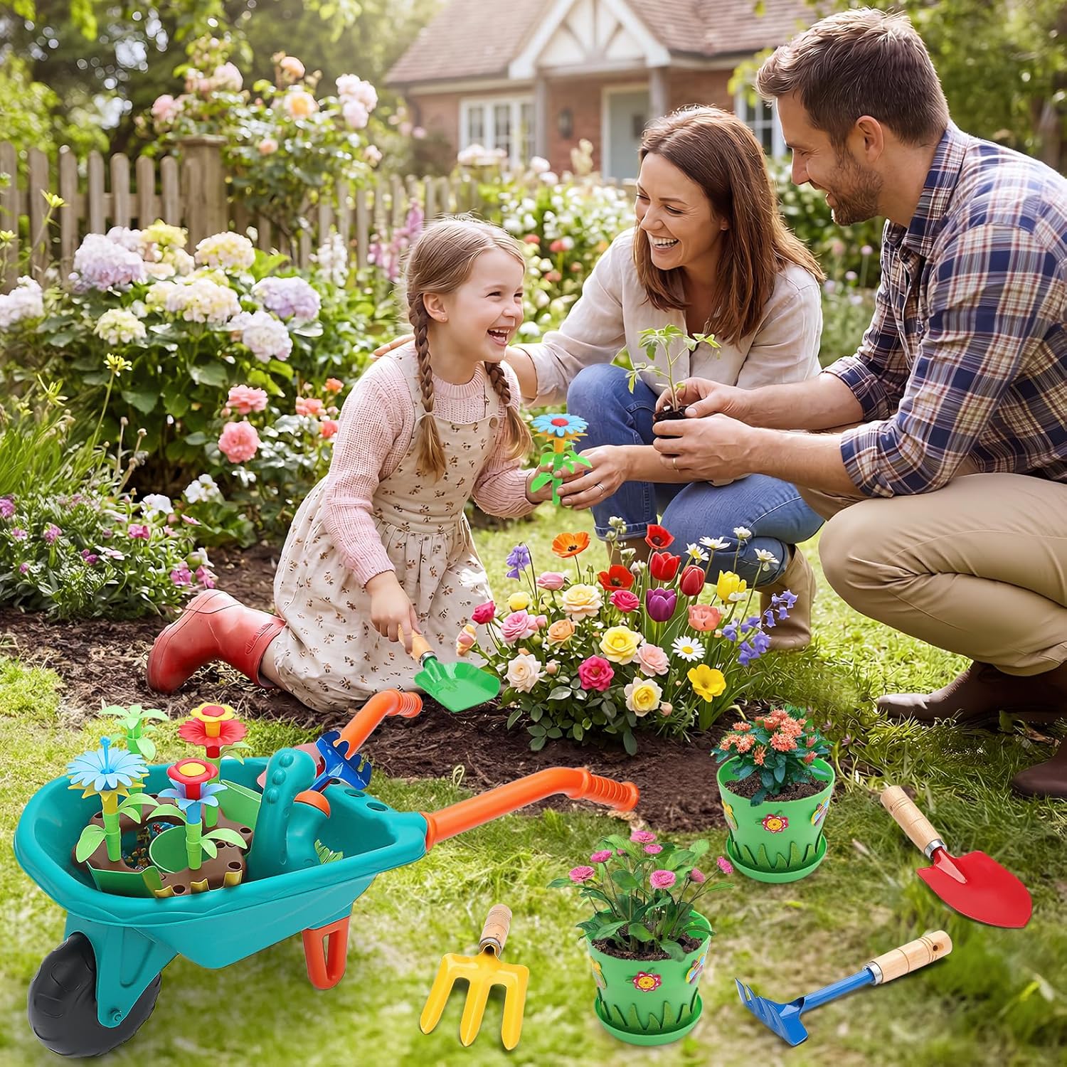 deAO Kids Gardening Tools Set Garden Outdoor Toys with Wheelbarrow, Watering Can,Flower Garden Building Toy, Pretend Play Outdoor Indoor Toy for Boys Girls