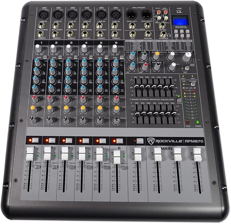 Rockville RPM870 8-Channel 6000W Powered Mixer with USB Bluetooth FX | Playback/Recording, Streaming, 6 XDR2 Mic Pres, 48V Phantom Power, Dual 7-Band EQ, 4-Band Channel EQ