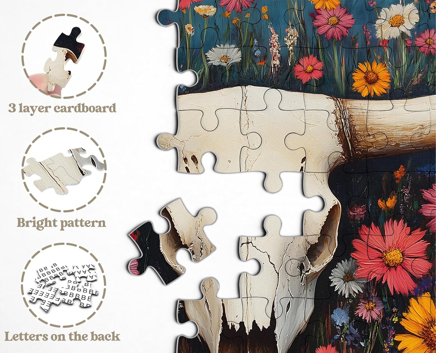 Wildflower Skull Puzzles for Adults 1000 Pieces, Larkipuzz Nature Garden Puzzle Floral, Hard Impossible Flower Plant Theme as Wall Art