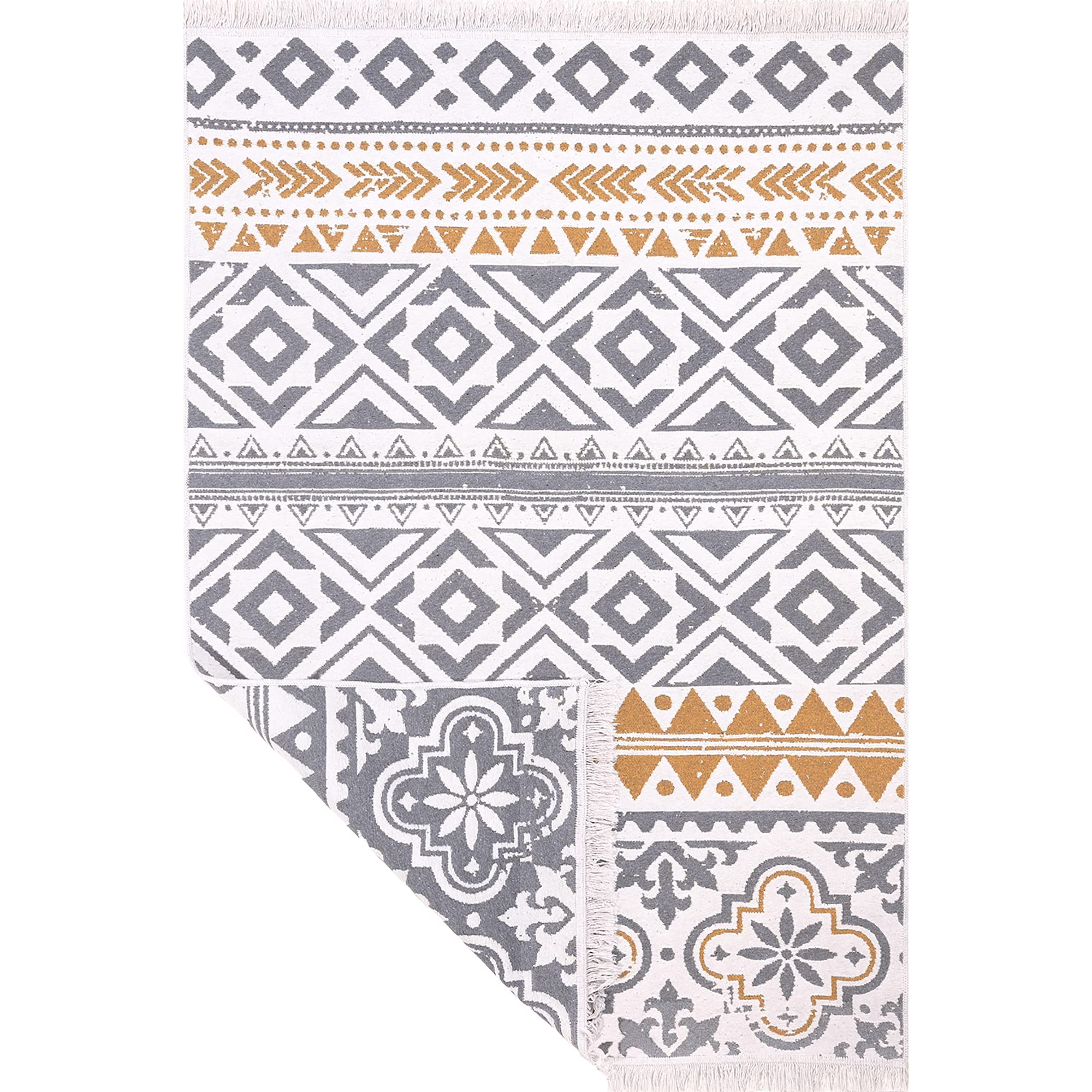Fashion4Home Short Pile Boho Kilim Rug, Living Room Rug, Bedroom and Kitchen Rug, Runner Rug, Hallway Rug, Children's Room Rug, Ceramic-Light Grey/Gold, Greetings: 140 x 200 cm โ image 1