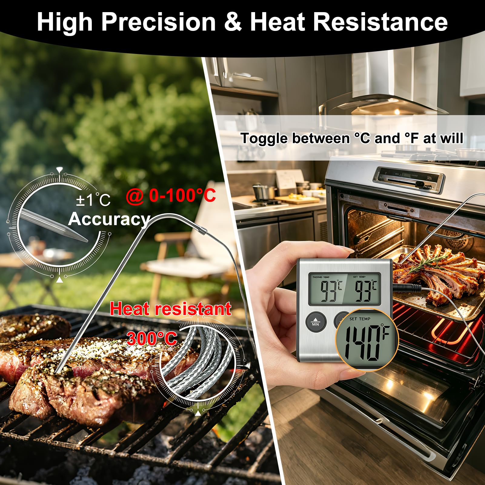Thermomètre de Cuisson Numérique avec Grand Écran LCD, Sonde en Acier Inoxydable, Minuterie pour Four, Gril et Barbecue