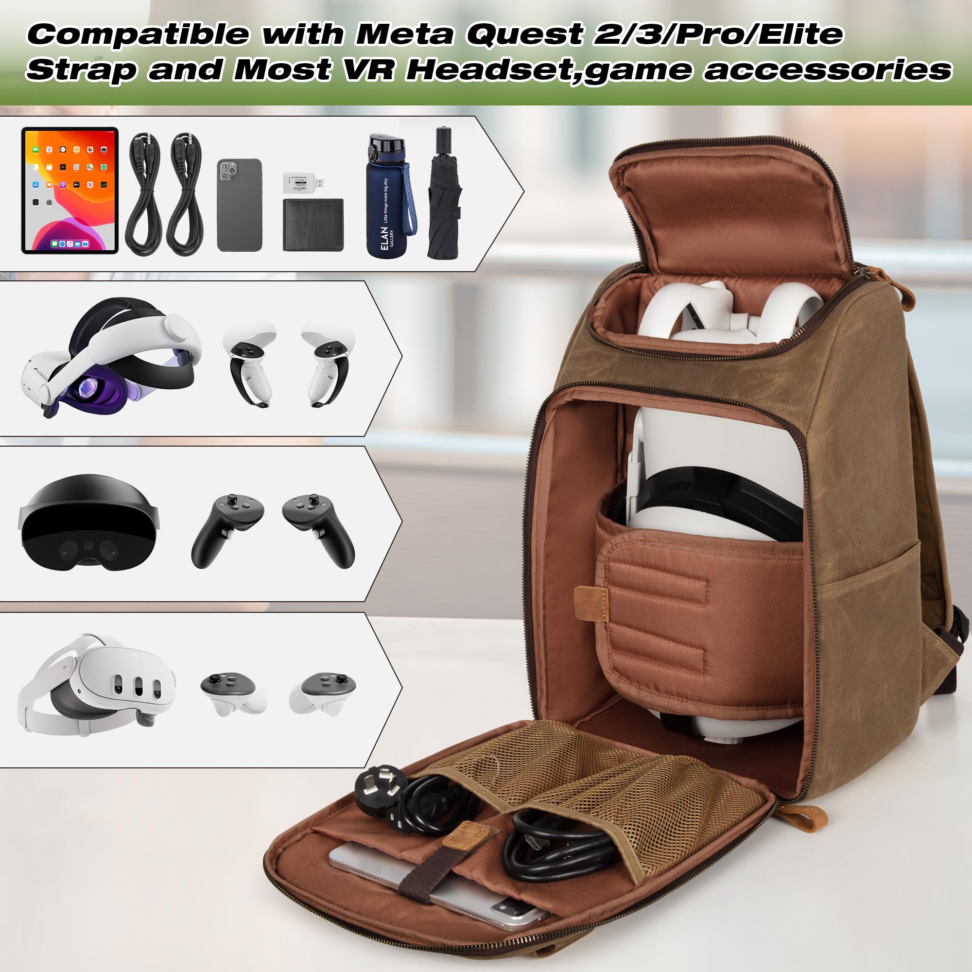 Trunab Etui do przenoszenia kompatybilne z Oculus Meta Quest 2/3/3 Pro/Elite Strap, etui podróżne plecak vintage z wieloma kieszeniami na zestaw słuchawkowy VR, kontroler dotykowy i akcesoria do gier,