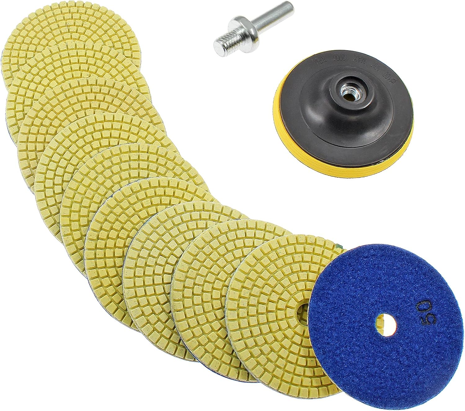 11 Pcs 4 Inch Diamond Polishing Pad Set, 10 Pcs 50 Grit Polishing Grinding Pads with Hook and Loop Backing Holder Pads for Concret Marble Quartz Granite Polishing