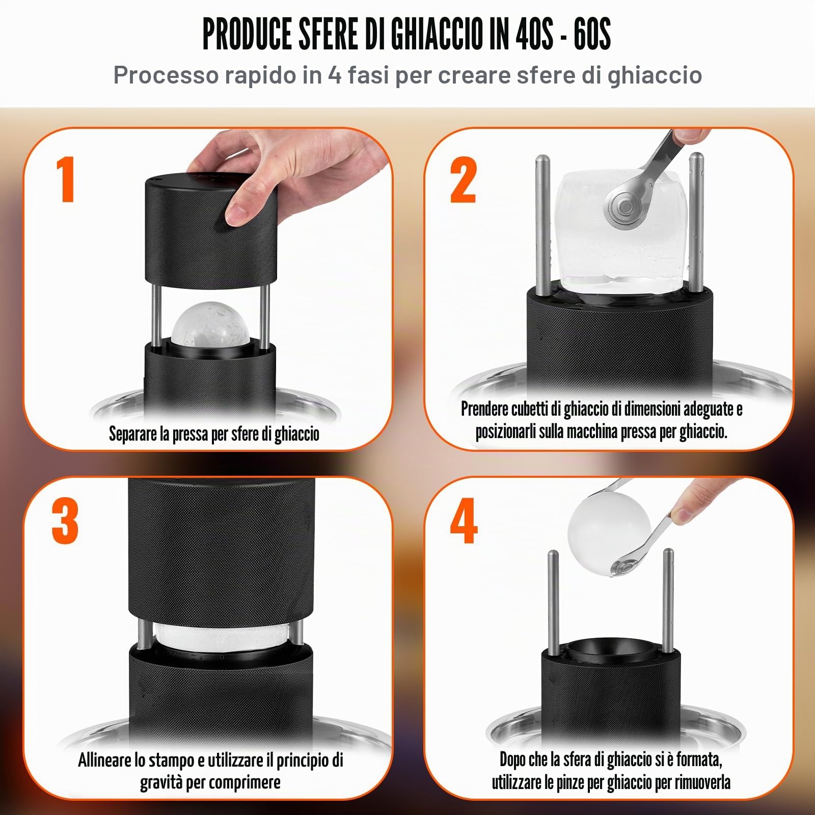 VEVOR Kit Pressa per Ghiaccio a Sfera in Alluminio Diametro 61mm, Stampo per Ghiaccio Sferico per Cocktail Whisky Cognac Bevande, Kit di Pressa per Palline di Ghiaccio da Bar in Alluminio Colore Nero