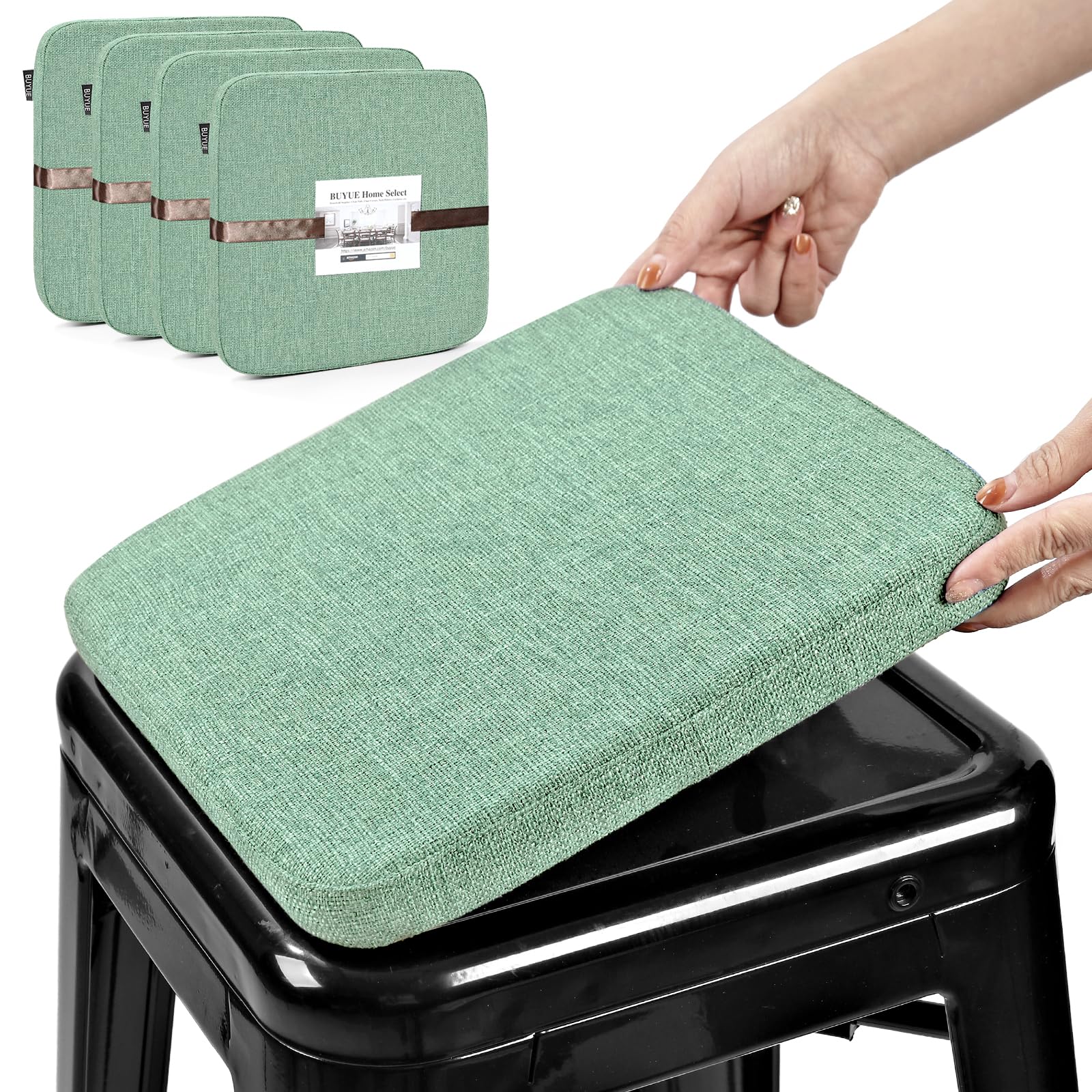 BUYUE Friendly Woven Fabric Magnetic Bar Stool Cushions Set of 4, Enhanced Anti-Slip Breathable Small Chair Seat Pads for Café Bistro Stackable Metal Stools (Square, Light Green, 4 Counts)