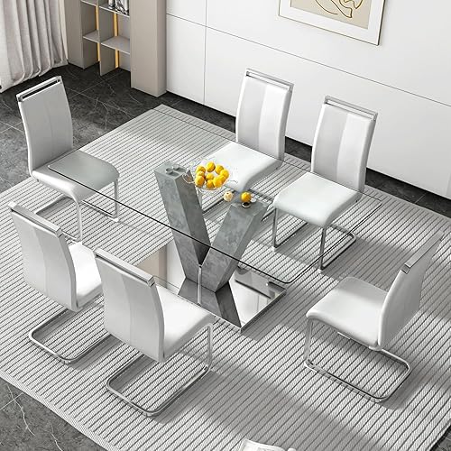 Miniatura 17 de Juego de mesa de comedor de vidrio de 71 pulgadas para 6, juego de mesa de comedor para 6, mesa de cocina moderna y 6 sillas de PU, parte superior
