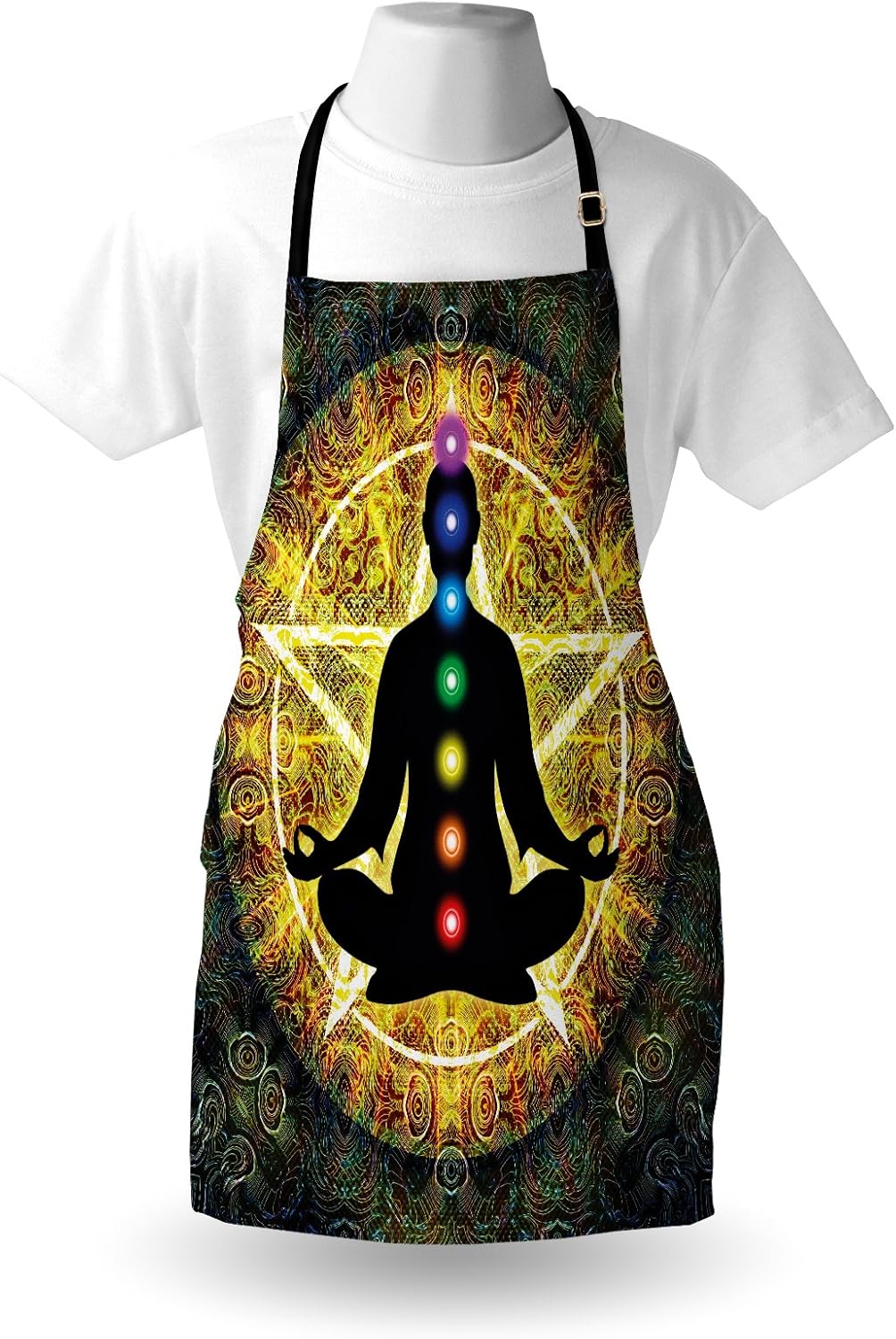 Lunarable Colorful Apron, Silhouette of Meditating Body Vital Energy Point Reflections and Pentagram, Unisex Kitchen Bib with Adjustable Neck for Cooking Gardening, Black Yellow