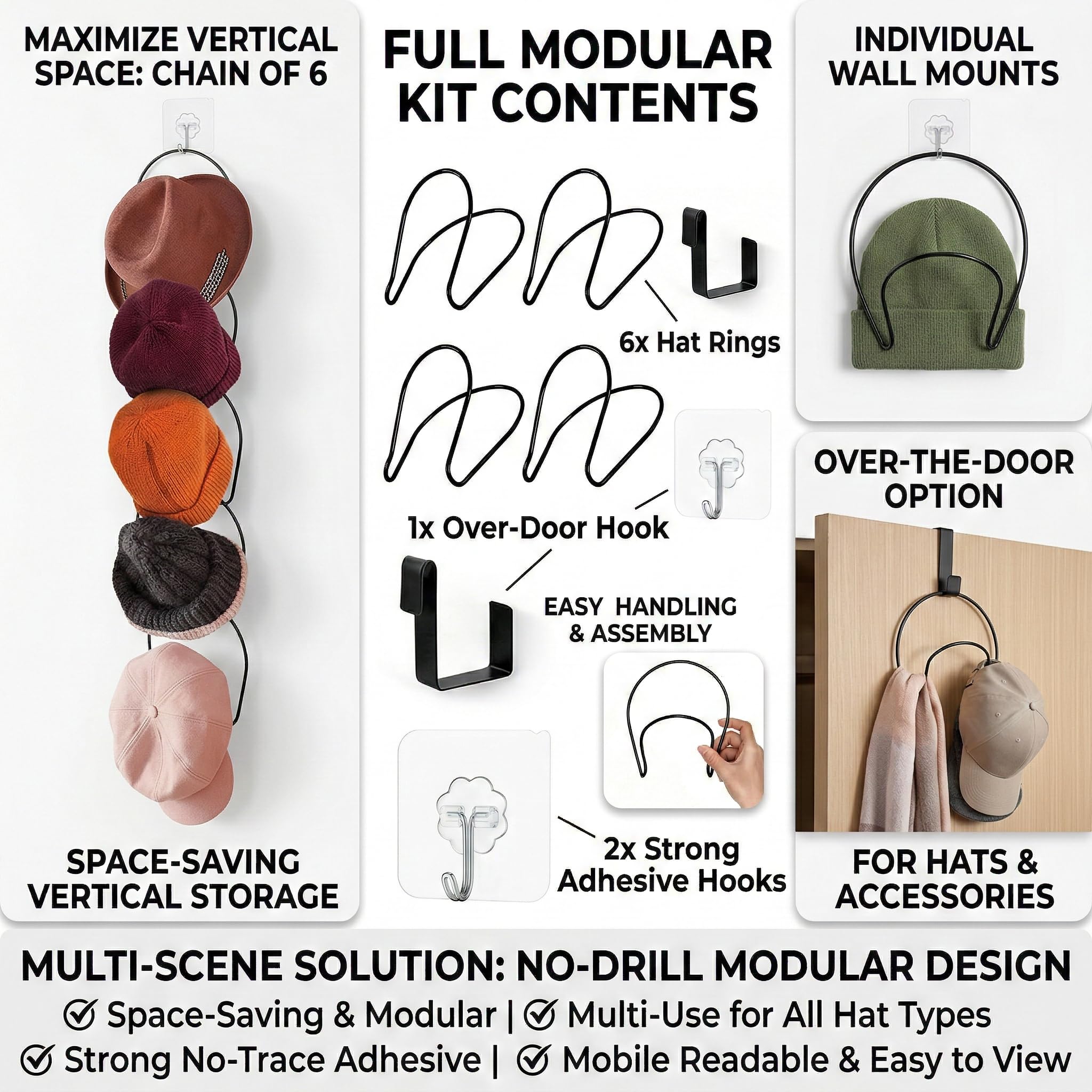 6 Supporti Porta Cappelli in Metallo da Appendere, Organizer Cappelli per Porta e Parete, Porta Cappelli Salvaspazio per Berretti, Sciarpe, Borse, Abbigliamento e Accessori