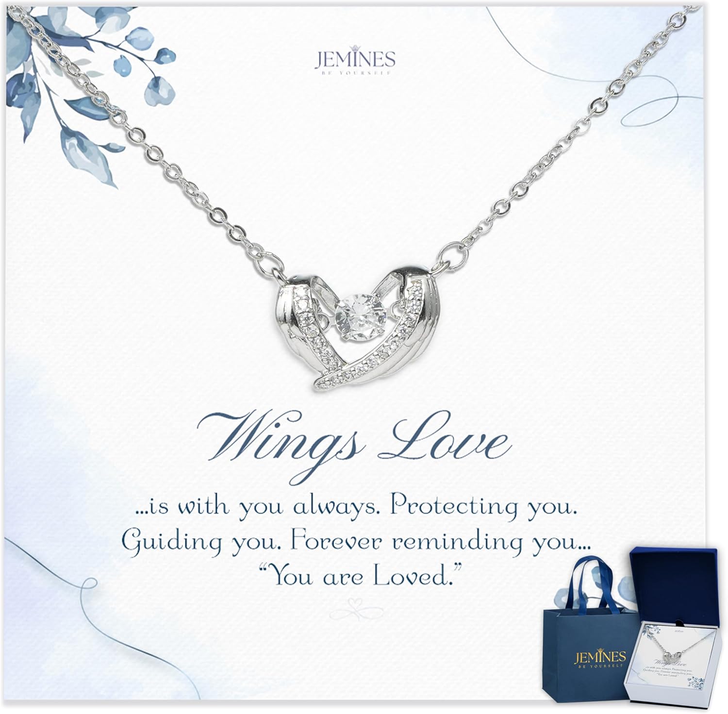 Wings Love Eternal Protection Necklace 18K White Gold Plated with Meaningful Message Card Elegant Gifts