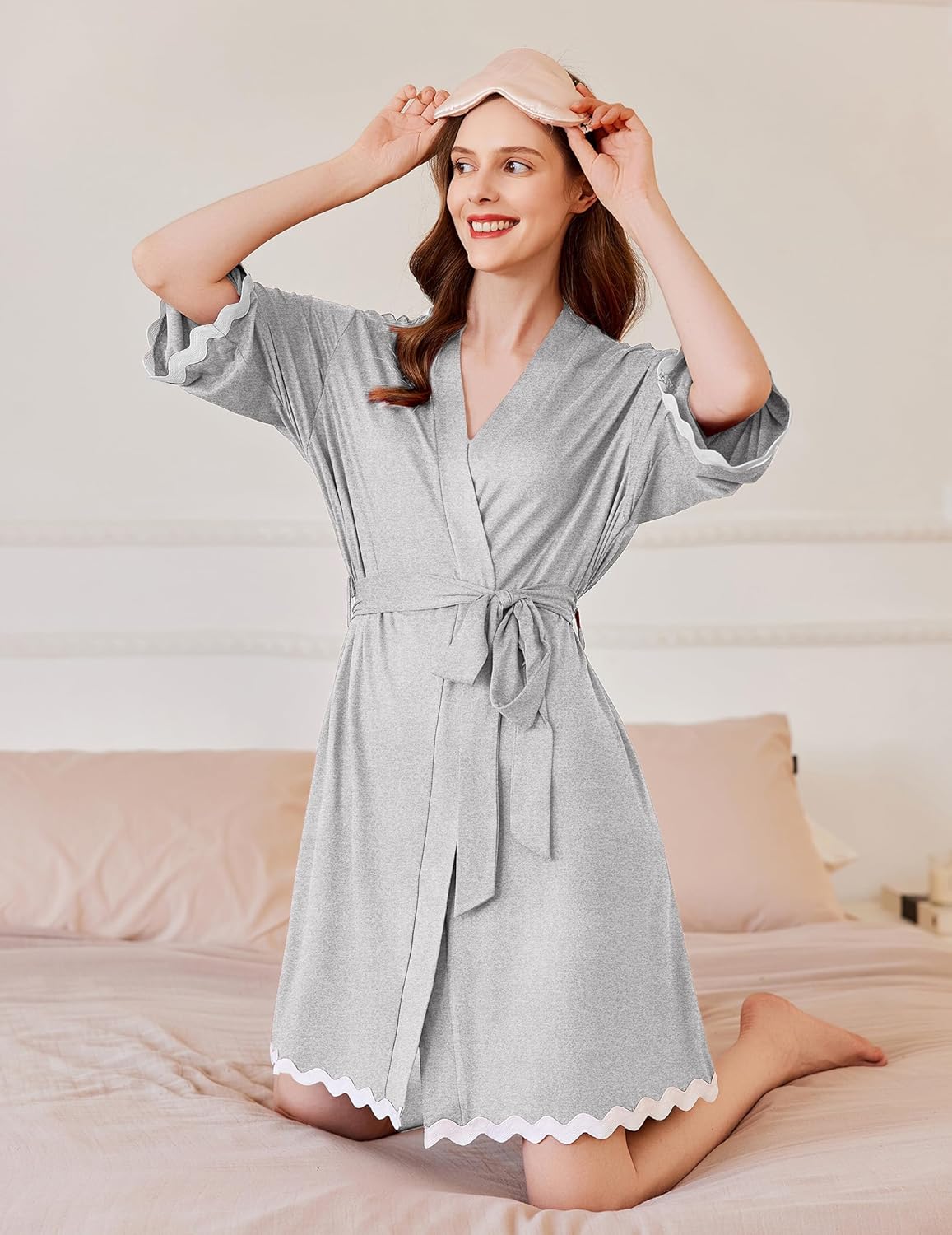 Ekouaer Women Kimono Robe 3/4 Sleeves Loungewear Dress Knee Length Sleepwear Pockets Housecoat Short Bathrobe S-XXL - Image 2