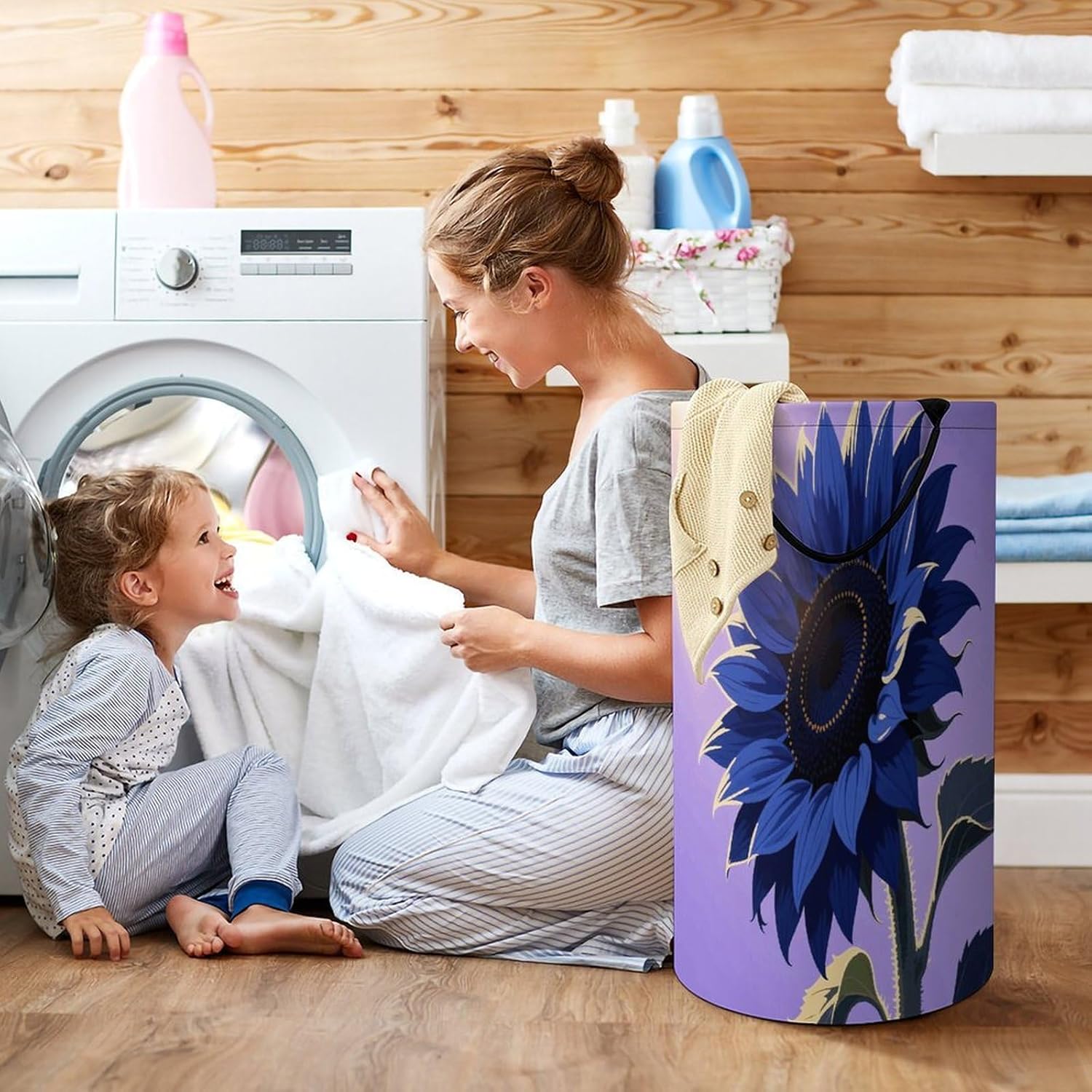 Dark Blue Sunflower Laundry Hamper Portable Lightweight Clothes Hampers Fashion Dirty Laundry Storage Basket Large Capacity Foldable Clothes Baskets for Bathroom Bedroom