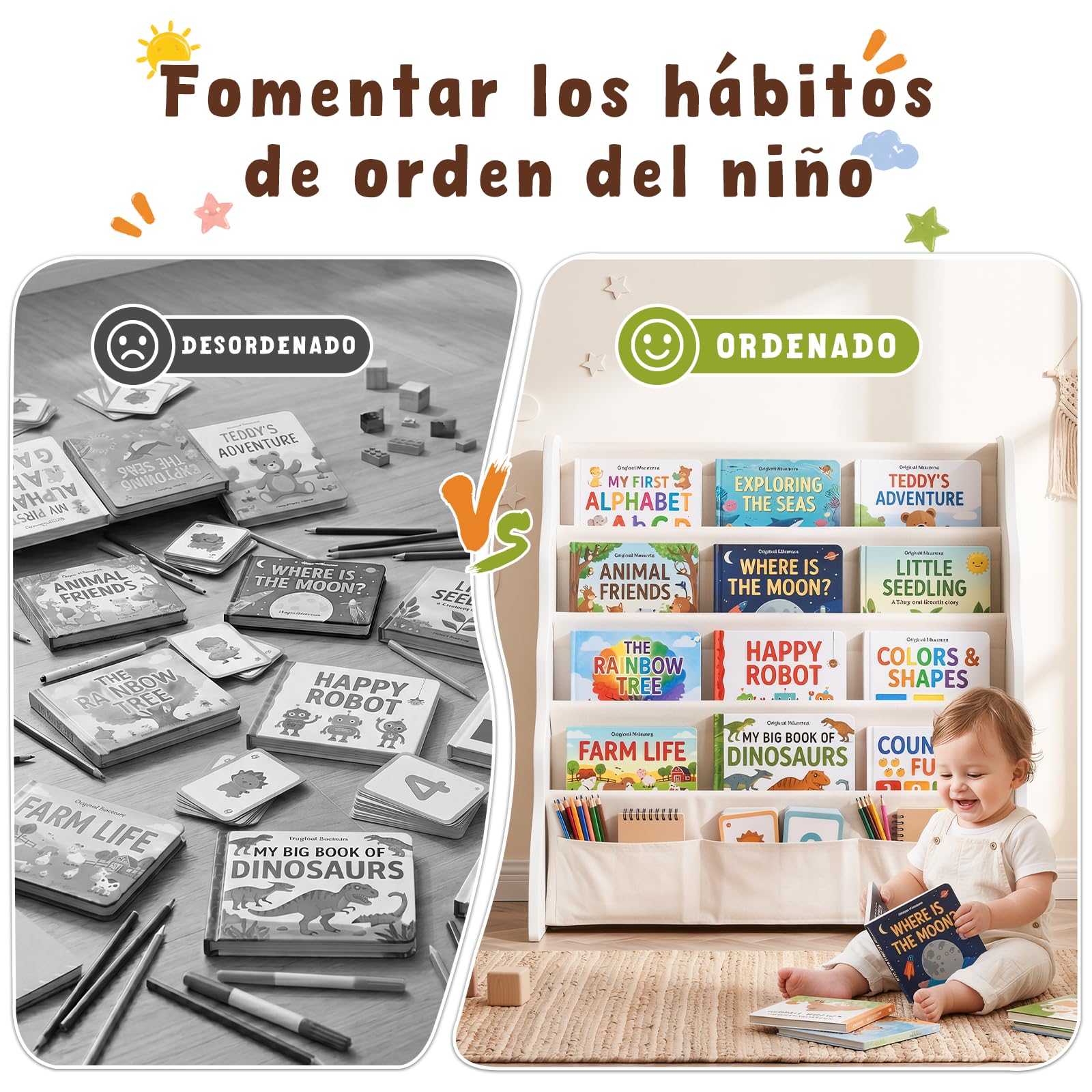 COSYLAND Estantería Libros Infantil Librería Frontal 4 Bolsillos de Tela