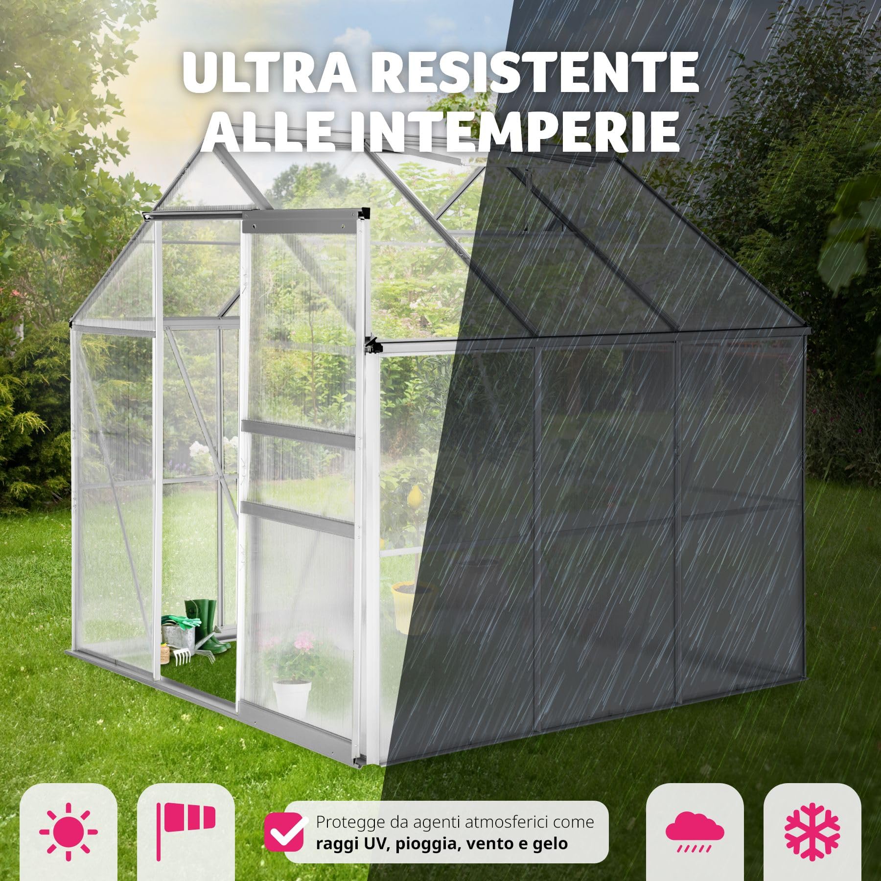 tectake® Serra da Giardino con Telaio in Alluminio Anodizzato, Serra per Orto con Lastre Alveolari Termoisolanti, Serra con Porta Scorrevole, Finestra a Tetto per Ventilazione - 190x185x195 cm
