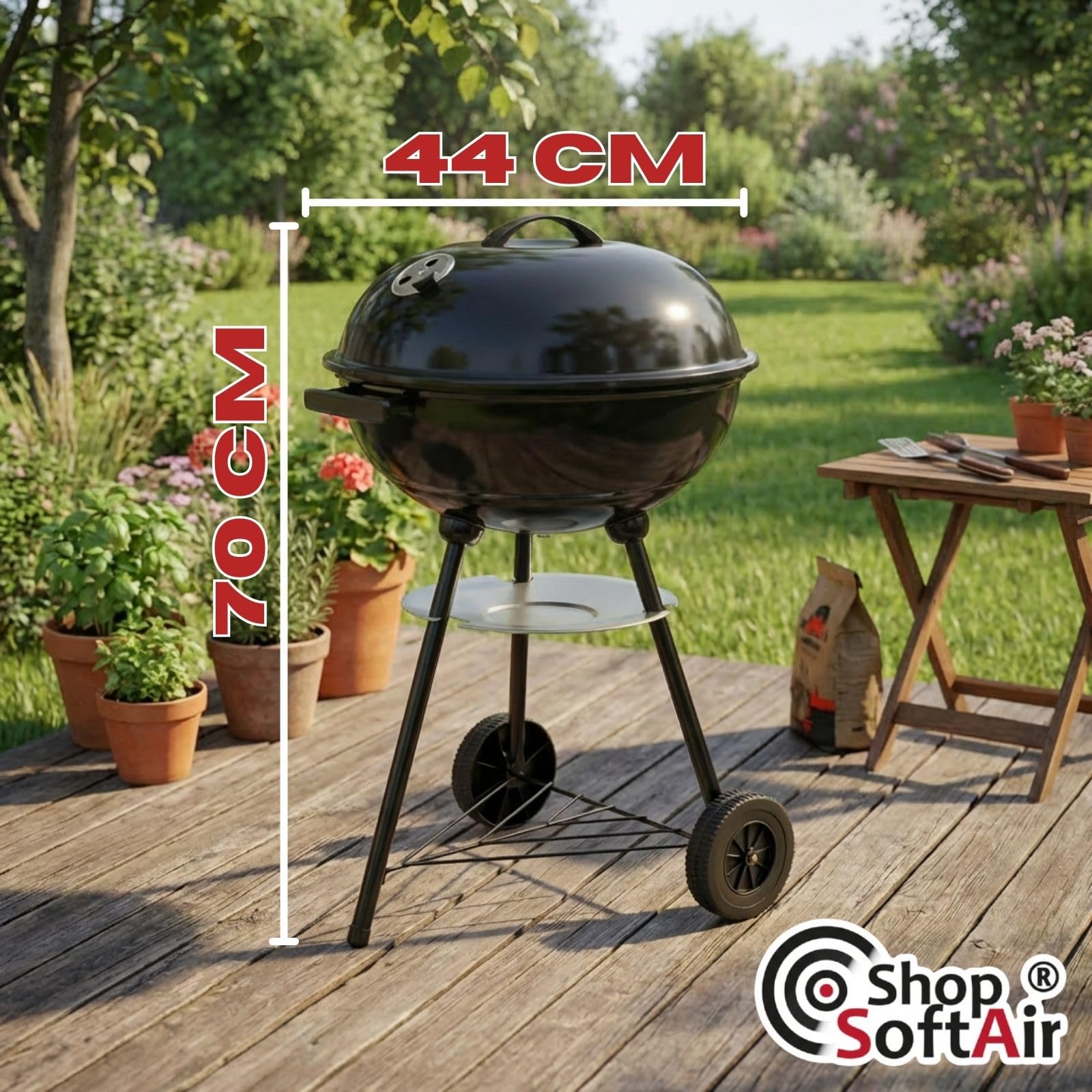 Barbecue a Sfera con Coperchio e Raccoglicenere, Grill a Carbonella da Esterno, Ø 44 cm, 70 cm Altezza, 2 Ruote, Ripiano Inferiore, Ventilazione Regolabile, Nero - 3