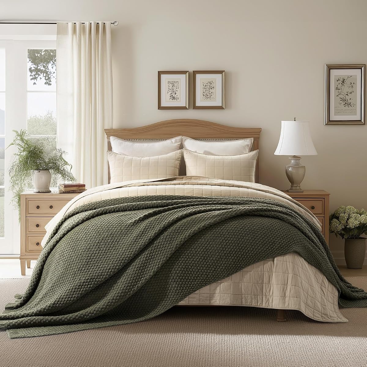 EVERGRACEHOME Chunky Chenille Knit Throw Blanket, 108x92, Olive Green | Sculpted Moss Stitch, Chic Modern Farmhouse, All-Season Warmth, OEKO-TEX® Certified, Oversized King for Couch, Bed, Sofa