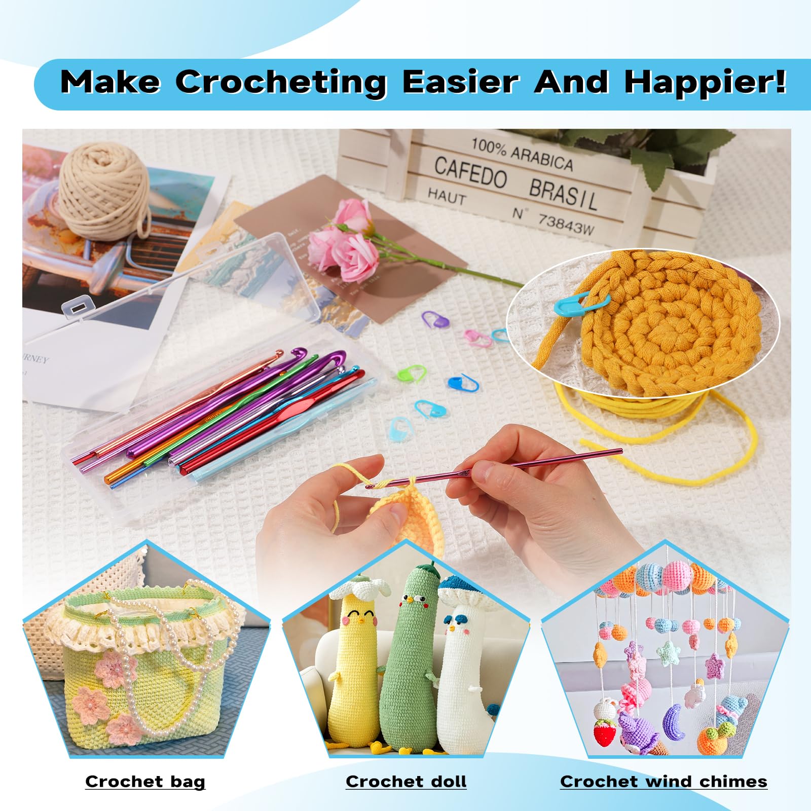 Mayboos Juego de 35 agujas de ganchillo, mango ergonómico de aluminio de colores, agujas de tejer para ganchillo para principiantes y experimentados ganchos de ganchillo