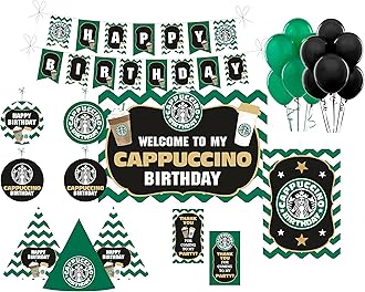 - Cappuccino Celebration Kit — 80 pcs includes Banner, balloons, thank you cards, centerpiece, danglers, Cappuccino Birthday Party Supplies, Event Decor, Banner for Coffee Lovers.