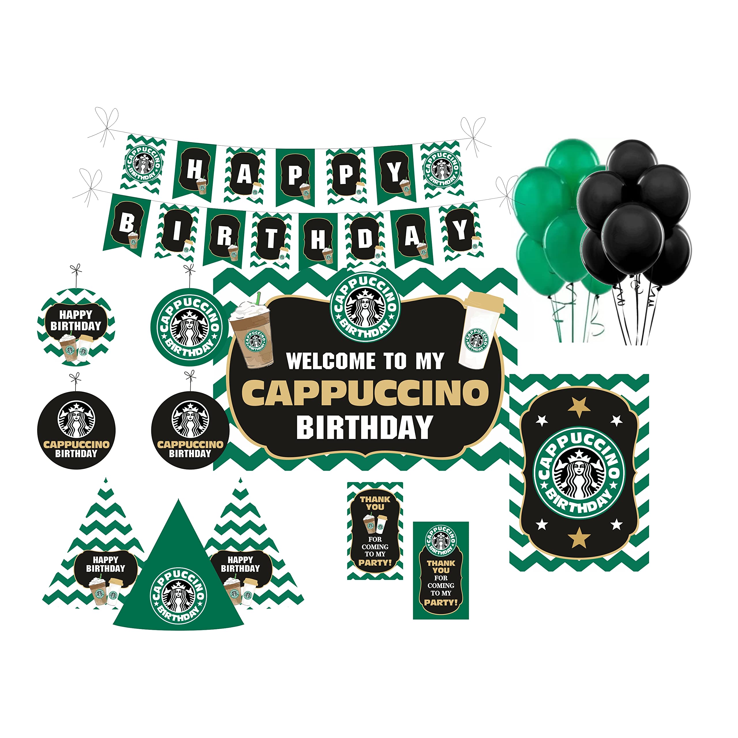 - Cappuccino Celebration Kit — 80 pcs includes Banner, balloons, thank you cards, centerpiece, danglers, Cappuccino Birthday Party Supplies, Event Decor, Banner for Coffee Lovers.
