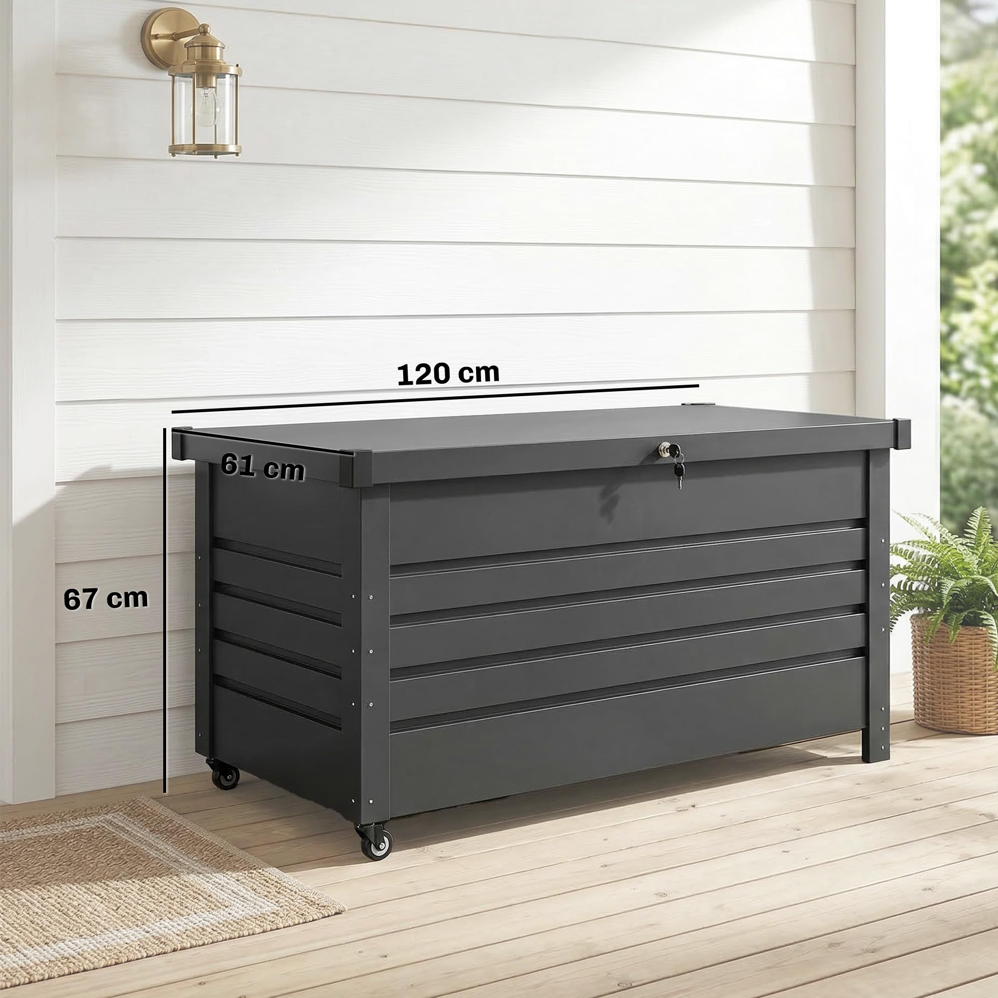 Outsunny Baule da Esterno 350L Acciaio Rinforzato con Coperchio Bloccabile, Pistoni a Gas, Ruote, Grigio