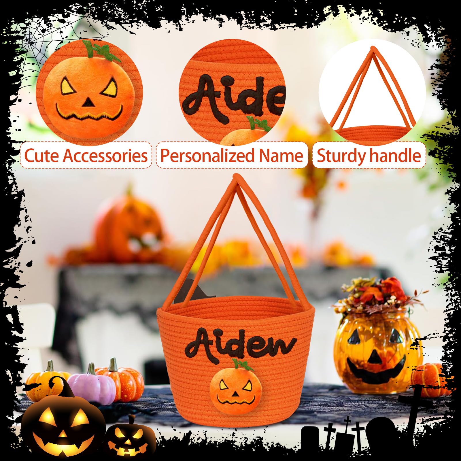 Voltexia Personalized Halloween Basket Trick or Treat Bucket Bag with Name Custom Woven Halloween Candy Basket for Kids Halloween Pumpkin Bucket Ghost Basket