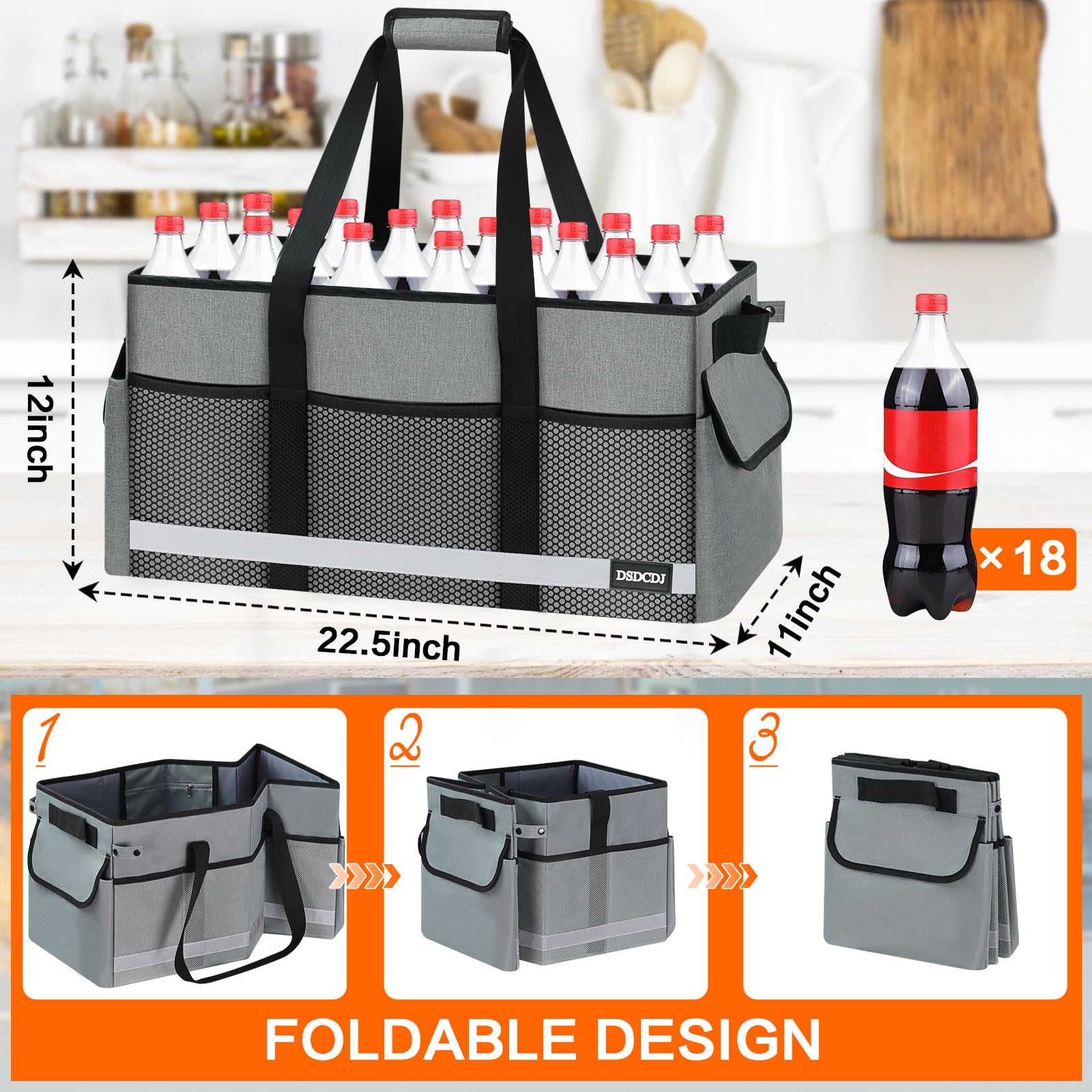 Bolsa multiusos extragrande con tira reflectante, bolsas reutilizables de pie con parte inferior dura y asas