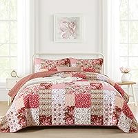 Anibedding King Size 3-Piece Bohemian Red Flower Patchwork Quilt Set with Pillowcases - All Season Bedspread