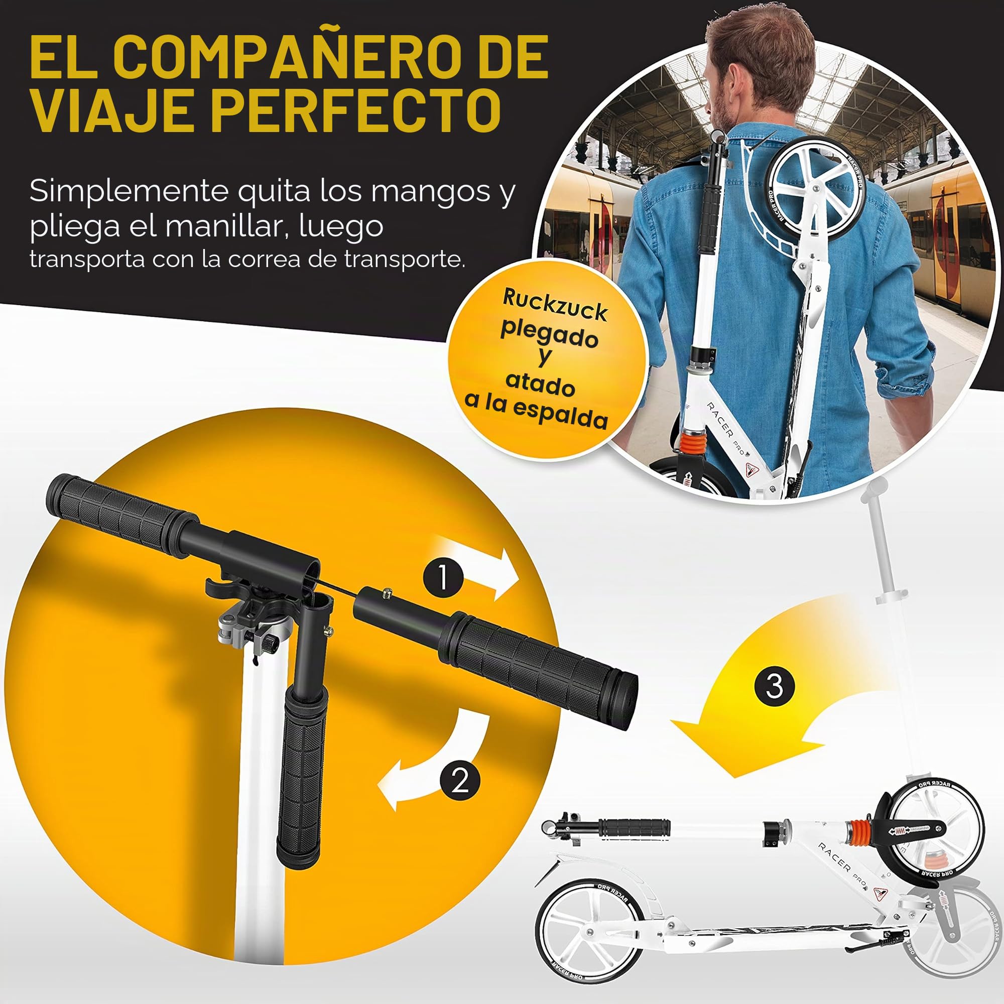 KESSER® City Scooter 205 mm, Ruedas PU Big Wheel - Pro-S Kick Scooter Con Doble Suspensión, Patinete Plegable y Regulable en Altura