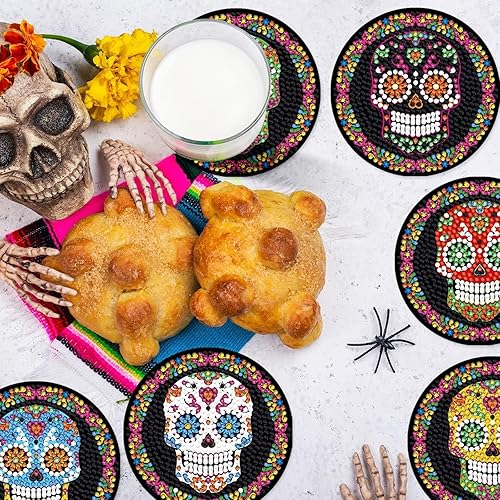 Miniatura 10 de Juego de 8 posavasos de gnomo de diamante de Halloween, posavasos de gnomo de Halloween con soporte, posavasos redondos de acrílico para vacaciones