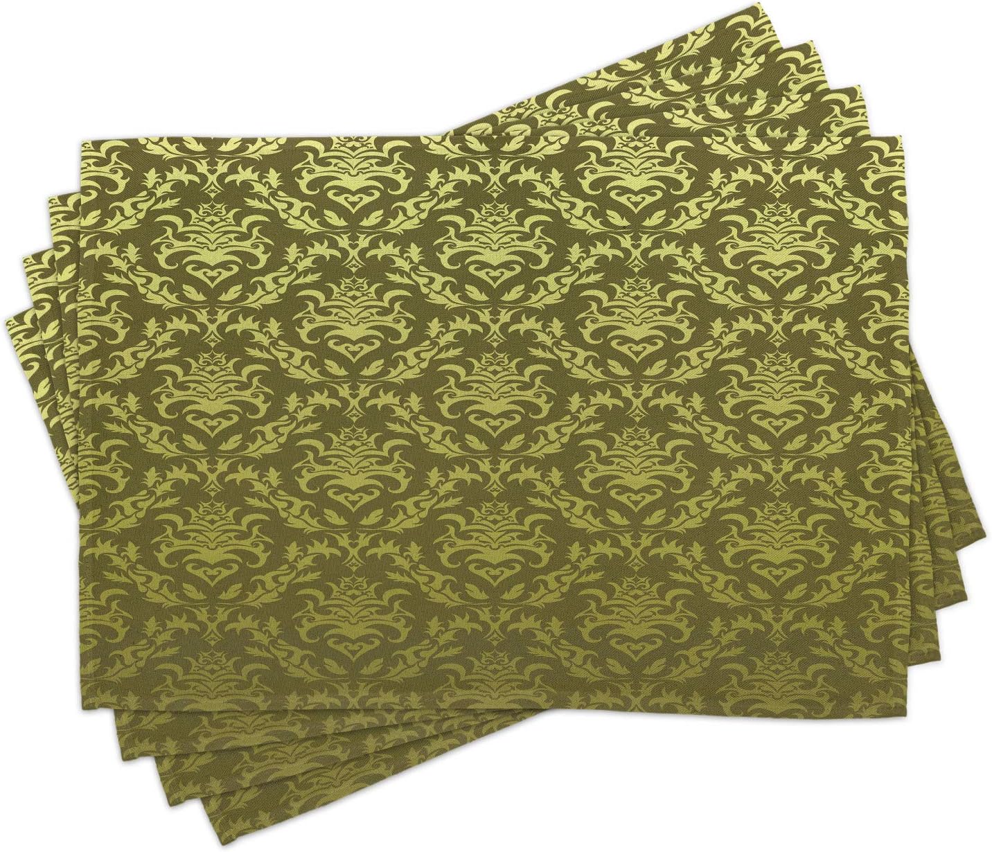 Lunarable Damask Place Mats Set of 4, Victorian Floral Pattern with Petals Rococo Style Vintage Design, Washable Fabric Placemats for Dining Room Kitchen Table Decor, Army Green