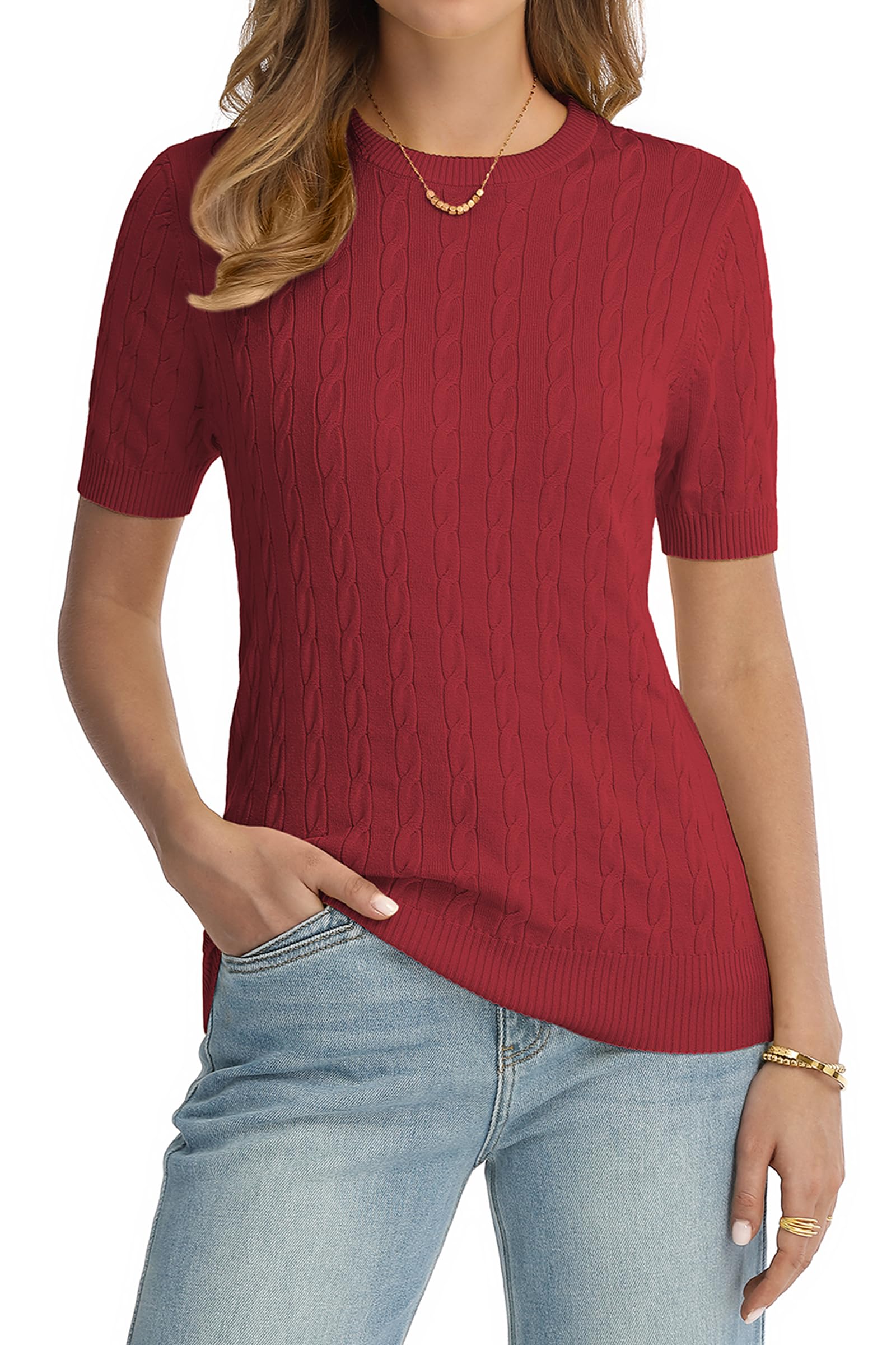 QUALFORT Womens Short Sleeve Sweater Lightweight Cable Knit Crew Neck Dressy Casual Office Top for Work Holiday Summer
