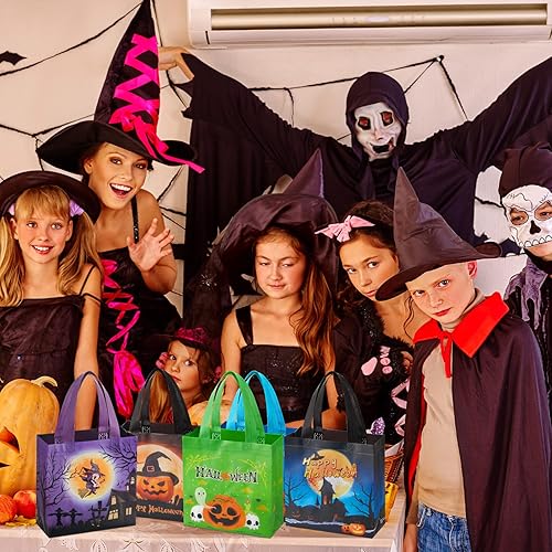 Miniatura 6 de Sweetude 50 bolsas de Halloween con asas, bolsas no tejidas para envolver regalos, suministros de fiesta, 7.9 x 7.9 x 3.15 pulgadas (espeluznantes)