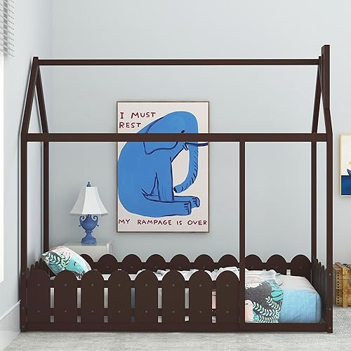 Miniatura 4 de Montessori - Base de cama tamaño individual para casa, cama de piso para niños, cama de piso Montessori con valla, puerta y chimenea, color espresso