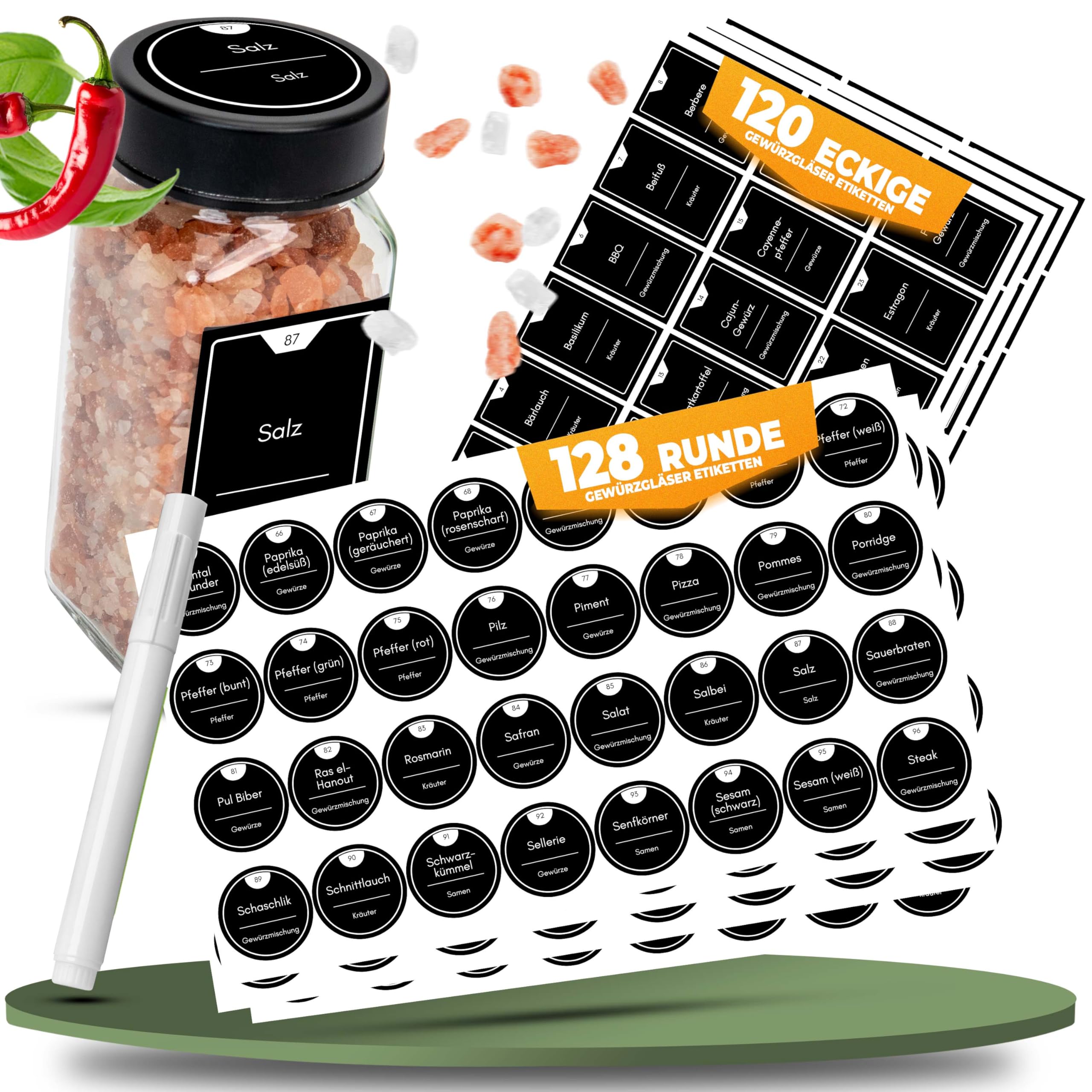 CLIDOR schwarze Gewürzetiketten selbstklebend, 248 Stück, Wasserfeste Gewürzaufkleber, Vorbeschriftet & Blanko, inkl. Marker zum Beschriften, Etiketten in Rund & Eckig, CLIDOR Gewürzgläser kompatibel