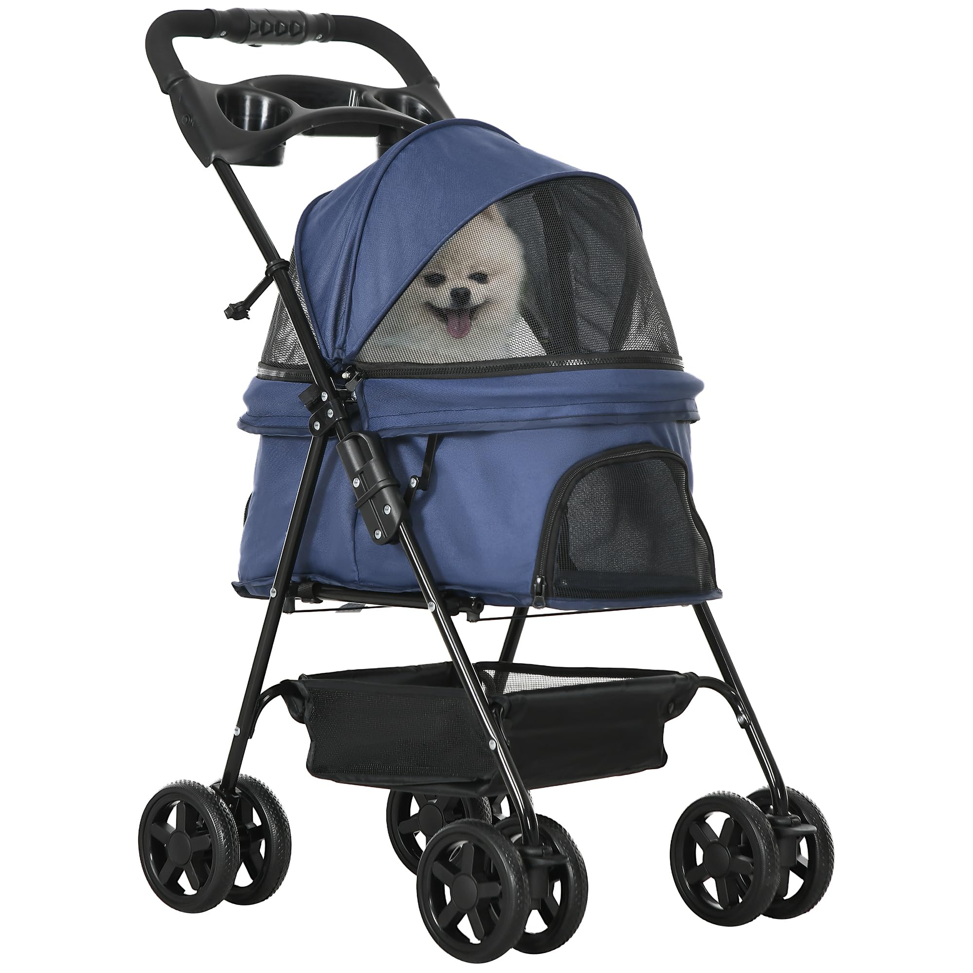 PawHut Cochecito para Perros Plegable Carrito para Perros Pequeños con Ruedas Universales Cesta de Almacenaje Correas de Seguridad y Ventanas 67x45x96 cm Azul