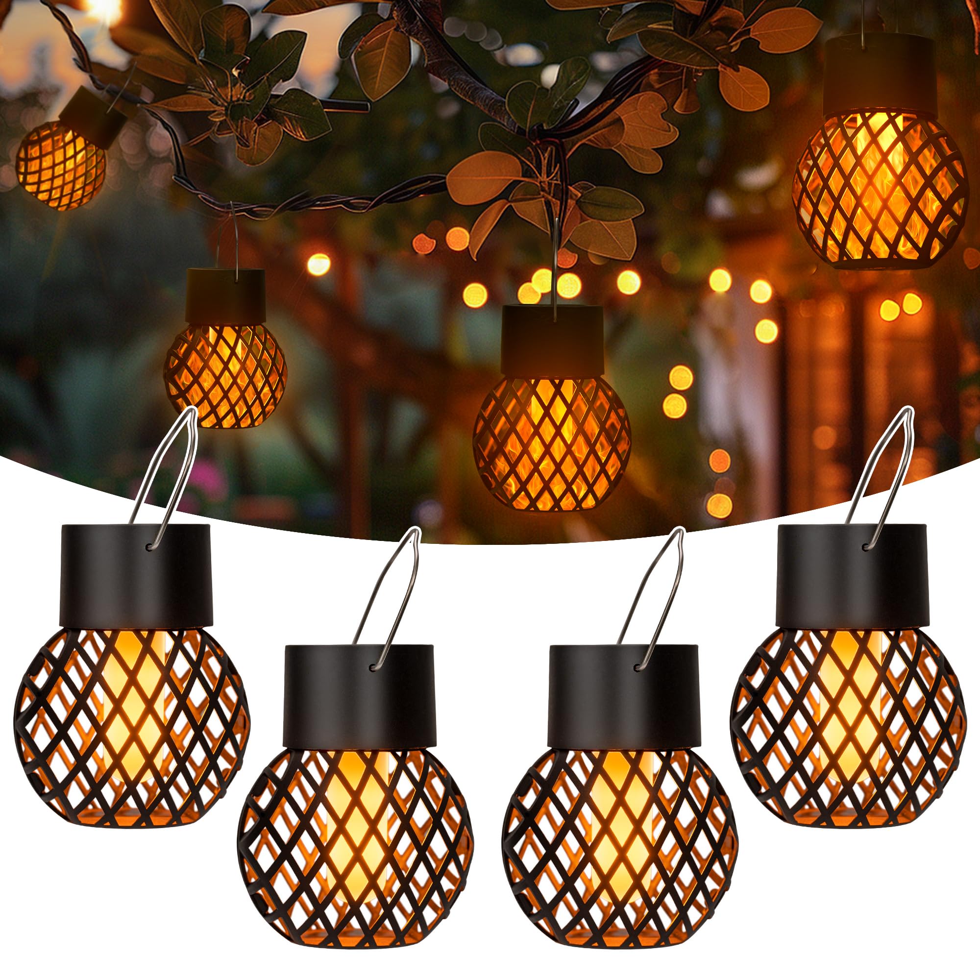 GIGALUMI Solarna lampa wisząca do użytku na zewnątrz, 4 sztuki, migoczący płomień, lampy solarne do ogrodu