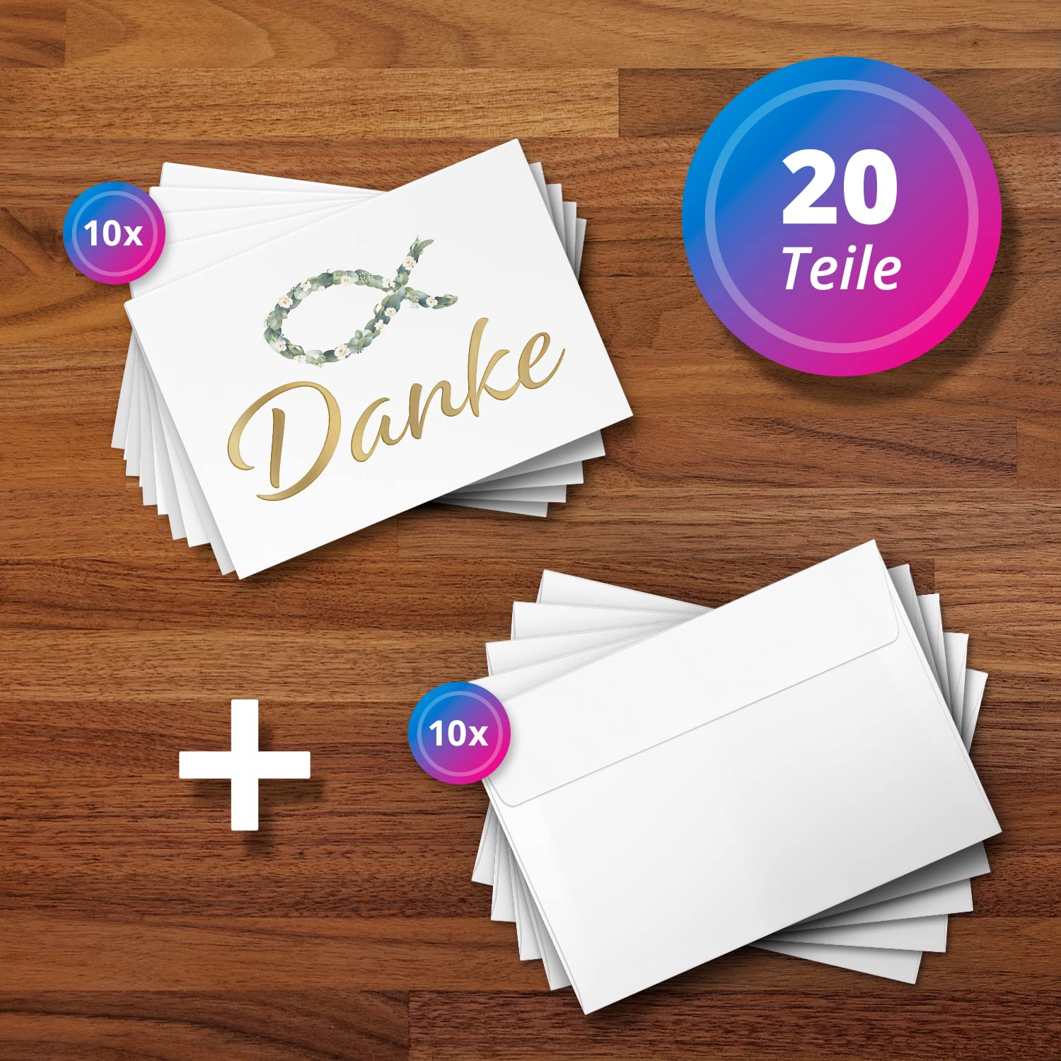 50 Dankeskarten kirchlich - Motiv Blätterfisch edel - moderne Klappkarten mit Umschlägen - Danke sagen nach Kommunion, Konfirmation, Taufe, Hochzeit