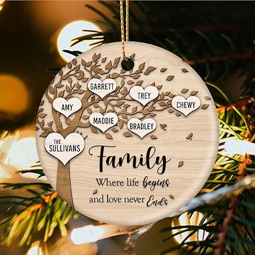 Miniatura 5 de Family Where Life Begins and Never Ends Personalized 3 Inch Ceramic Christmas Ornament With Gift Box (6 Names)