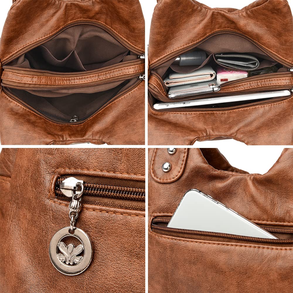 Sac à Main portés Main avec bandoulière Sac Hobo Vintage Sacs à Main portés épaule pour Femme en Cuir PU Sacoche Rétro Sac a Main élégant Sac bandoulière pour Dames Mère Brun