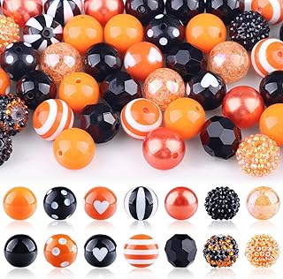 50 PCS Halloween Bubblegum Beads 20mm Acrylic Round Craft Beads for Jewelry Making Round Colored Bead for Bracelet Beads Farmhouse Spacer Beads with Twine for Halloween DIY Crafts