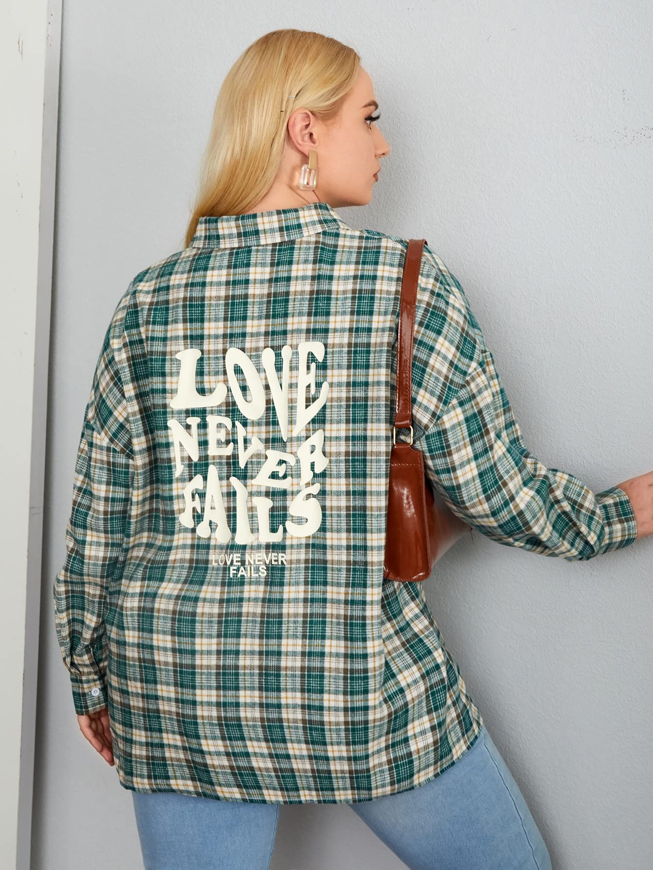 WOKEZWOKEZ Plus Tartan & Slogan Graphic Drop Shoulder Blouse (Size : 0XL)