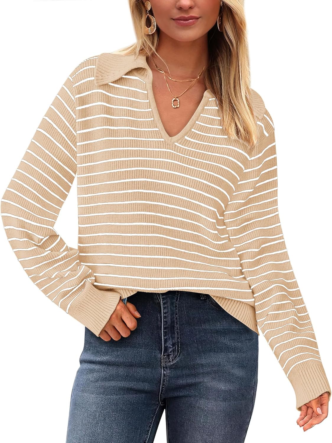 Yousify Womens Sweaters 2024 V Neck Long Sleeve Striped Tops Fall Winter Comfy Knit Clothes Pullover Sweater S-2XL